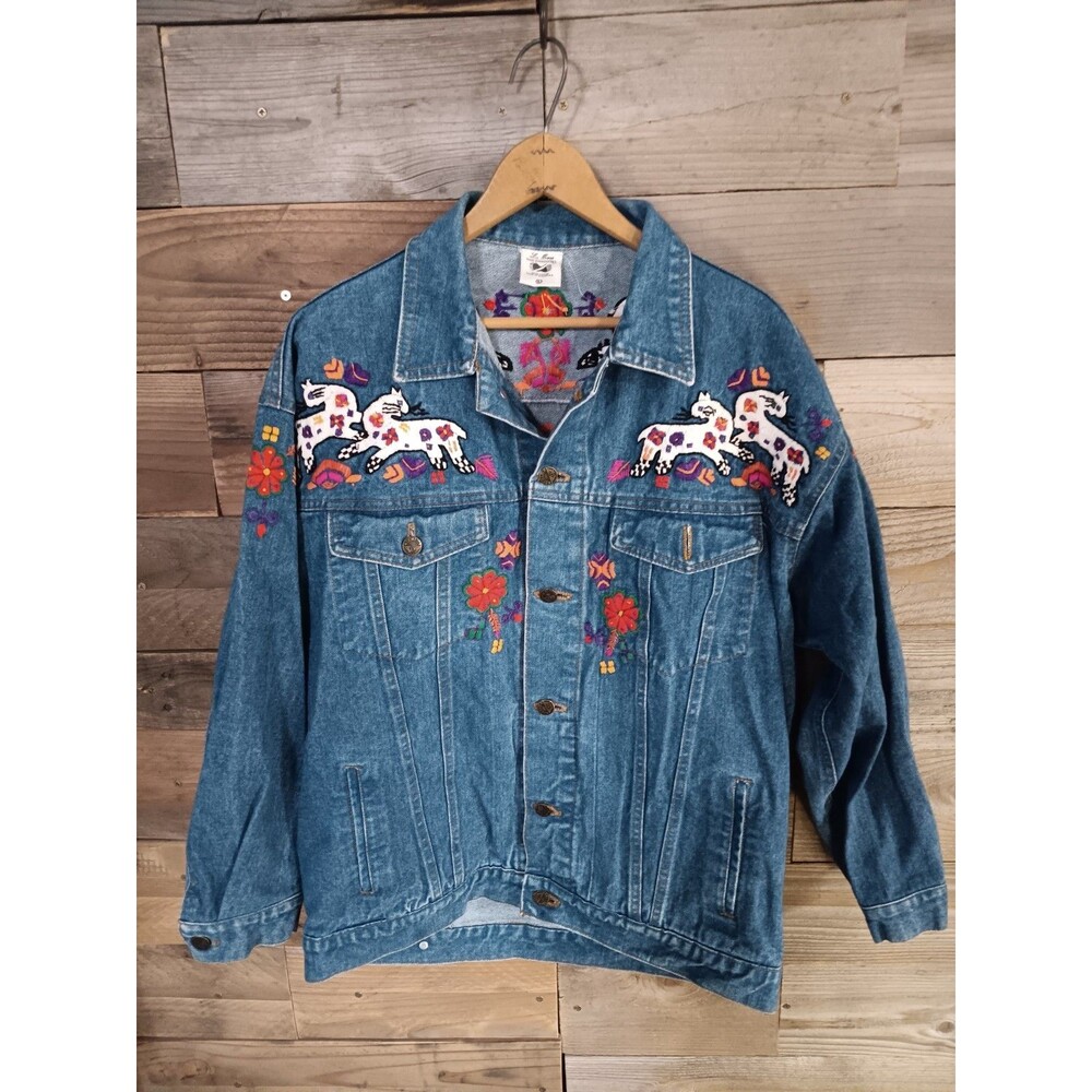 Los Manos Hand Embroidered Denim Jacket Women’s Sz. Lg. Floral Cats 100% Cotton